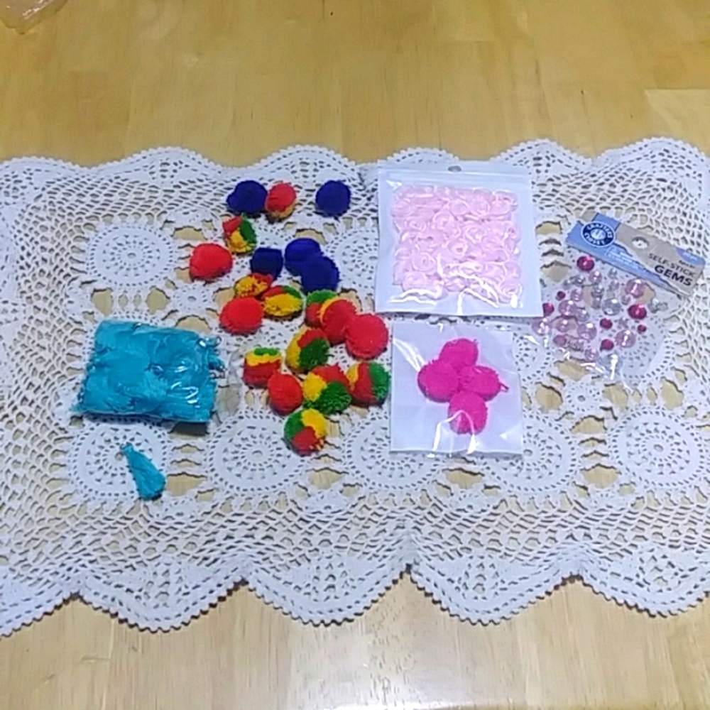 Craft supplies bundle. Mini pom poms, mini tassels, mini roses, gems